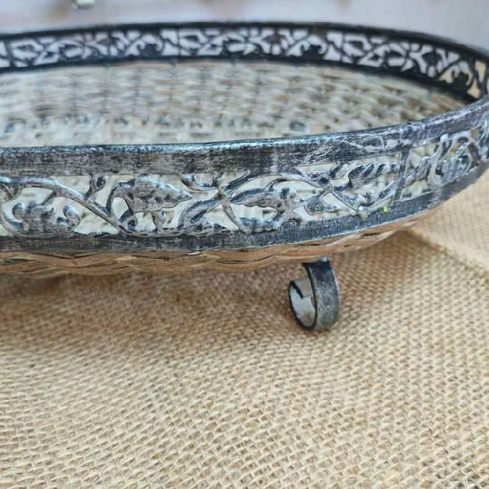 Oval Woven Wicker Tray with Metal Filigree Rim